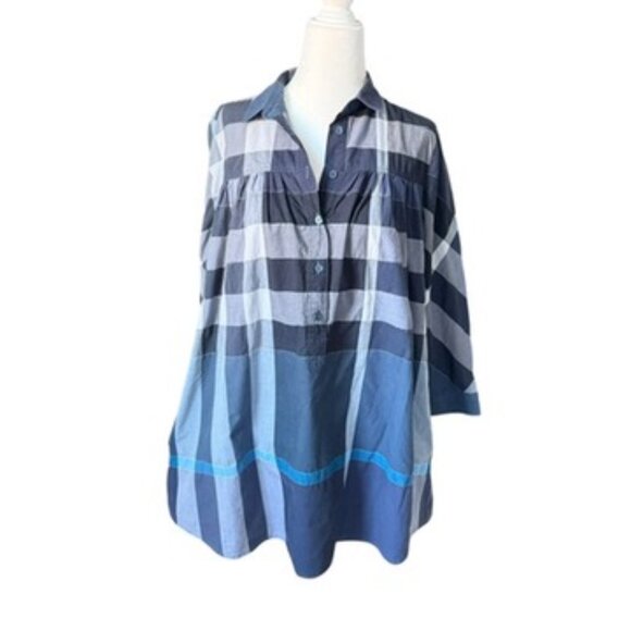 Burberry Brit Womens Cotton Checkered Print Button-Up Blouse Blue Size S Tunic - Picture 5 of 16